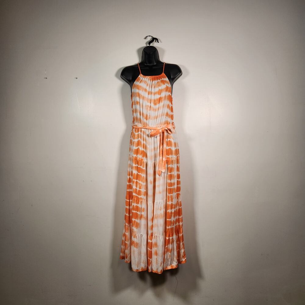 MILLENIUM Sundress Maxi Dress Womens Small S Orange White Tie Dye Tiered Beachy